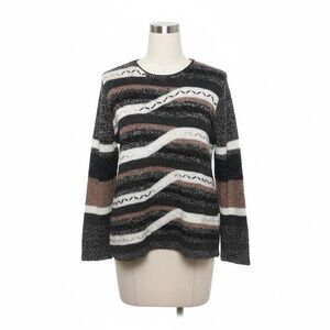 Vintage Striped Knit Sweater Brown Black Cream Abstract Wavy Pattern Size L